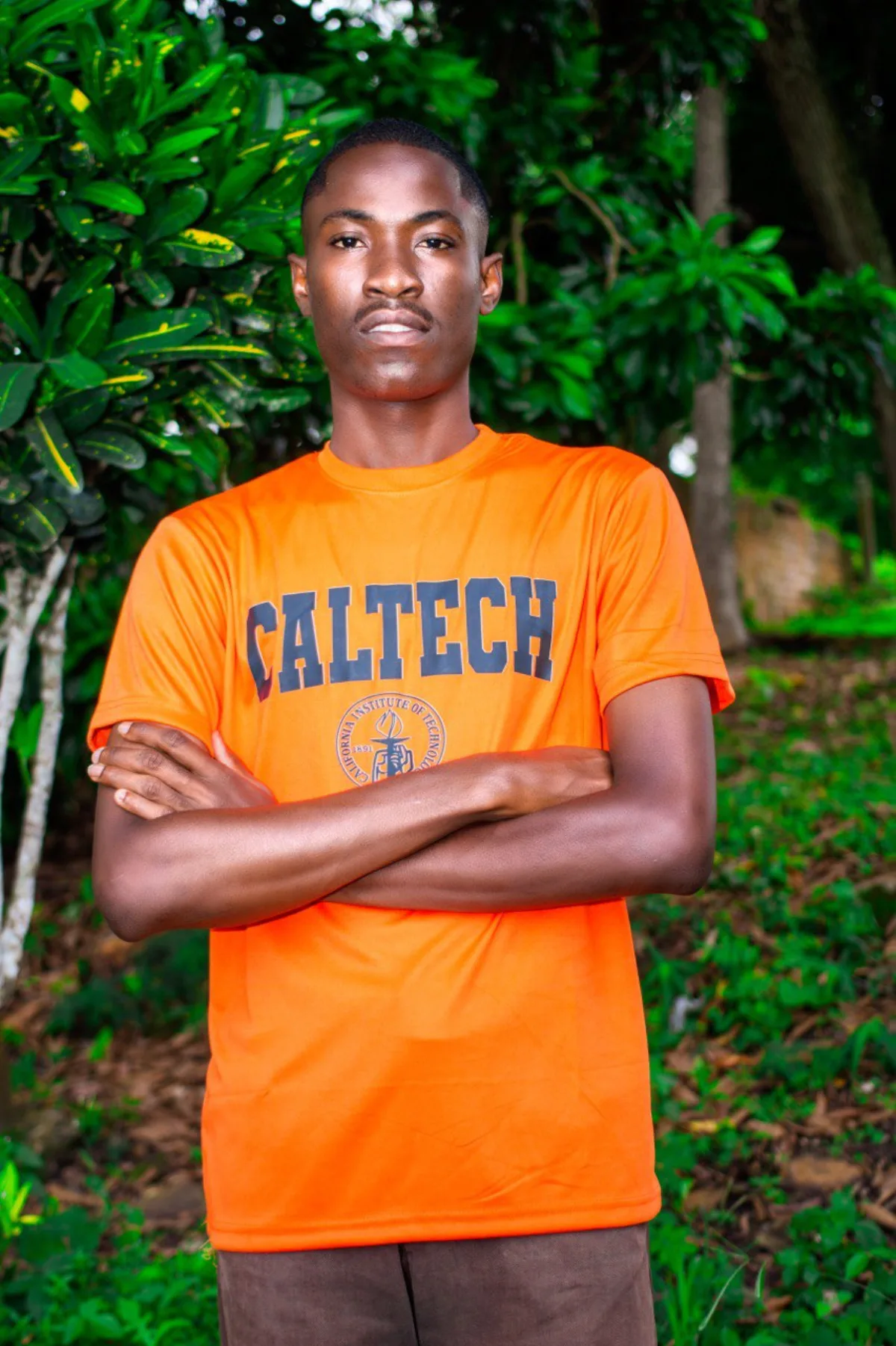 Ibrahim Adam wearing a Caltech shirt